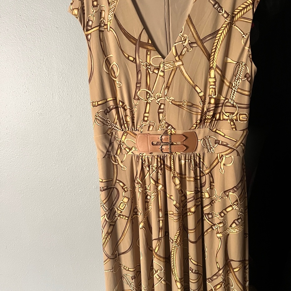 Ralph Lauren Tan and Brown Chain Print Midi Dress
